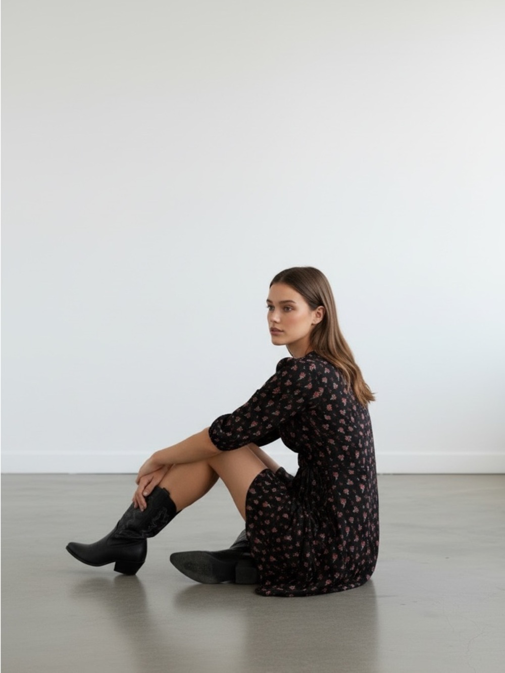 Floral Wrap V-Neck Mini Dress - Black with Pink Floral - Picture 2 of 4